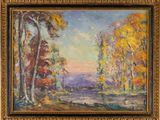 an oil painting of a landscape with trees and a body of water