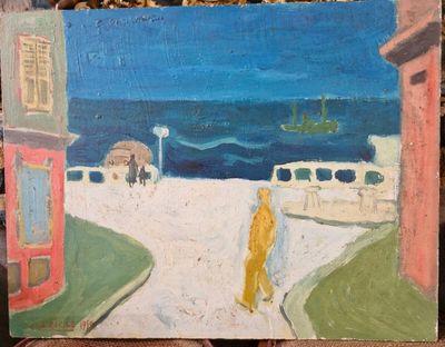 un tableau représentant une personne marchant dans la rue