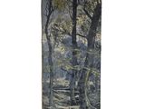 an image of a painting of a horse drawn carriage in a wooded area