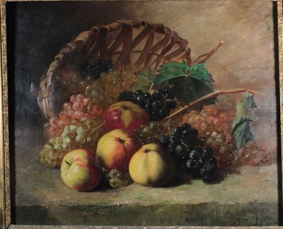 a painting of a basket of fruit with grapes and peaches