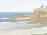 a picture of a painting of a beach with houses in the background
