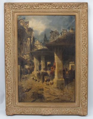 une peinture à l'huile représentant une scène de rue avec des personnages et des animaux au premier plan