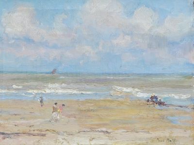 a painting of people on the beach by the water