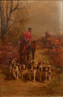 tableau représentant un homme à cheval accompagné d'une meute de chiens de chasse