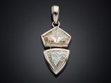 a white diamond pendant with two triangulars on a black background
