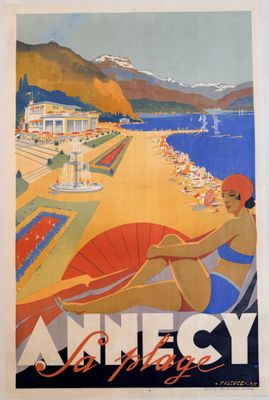 an image of a vintage poster of a woman sitting on a beach