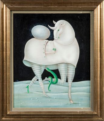 an oil painting of a white horse with a green snake in its mouth