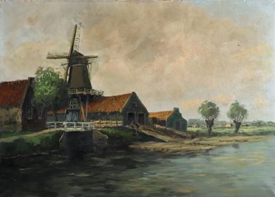 a painting of a windmill on the shore of a river
