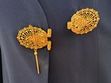 two gold brooches on the lapel of a man