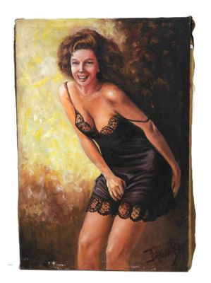 painting of a woman in a black dress with a smile on her face