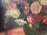 an oil painting of a vase of flowers on a table
