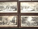 four framed pictures of a painting of a city with people in it