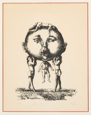 une image représentant un dessin en noir et blanc d'un homme tenant une tête géante