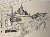 drawing of a view of a vineyard with a church in the background
