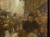 painting of a crowd of people walking down a street in a city