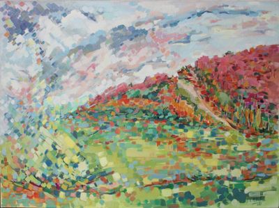 peinture représentant un tableau représentant un paysage avec une montagne en arrière-plan