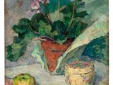 une image représentant un tableau sur lequel figurent une plante en pot et une poire posées sur une table