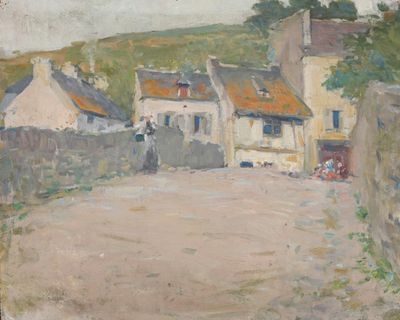 tableau représentant une rue avec des maisons et une clôture au premier plan