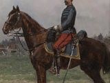 une peinture représentant un homme à cheval dans un champ