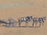un dessin représentant une calèche tirée par deux chevaux