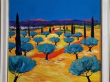 une peinture à l'huile représentant un paysage avec des arbres et des collines au loin