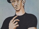 tableau représentant un homme vêtu d'une chemise noire et d'un chapeau, les mains posées sur la poitrine
