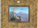 an oil painting of a mountain scene with trees and mountains in the background