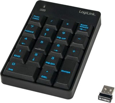 the black keyboard has blue keys on it and is next to a usb drive