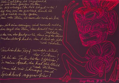 drawing of a woman sitting on a chair with a red background