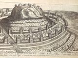 an old drawing of a city with a mountain in the background