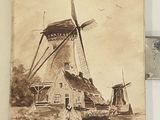 painting of a windmill and a boat in a body of water