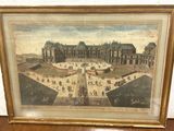 tableau représentant une cour avec des personnes qui s'y promènent et un bâtiment en arrière-plan