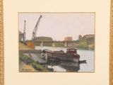 a painting of a boat on the water with a crane in the background