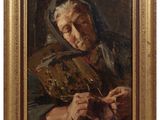 un tableau représentant une vieille femme tenant un éventail dans ses mains