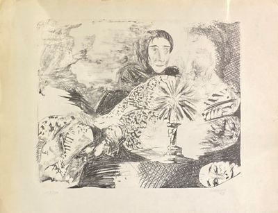 a black and white drawing of a woman holding a fish