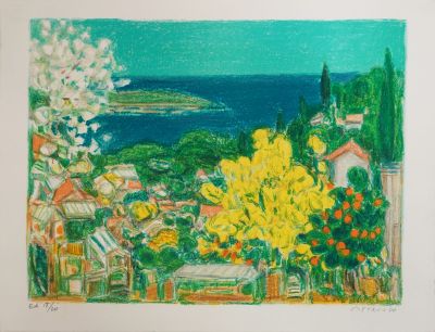 painting of a view of the sea from a balcony in a house