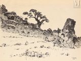 une image représentant un dessin en noir et blanc d'un arbre sur une colline