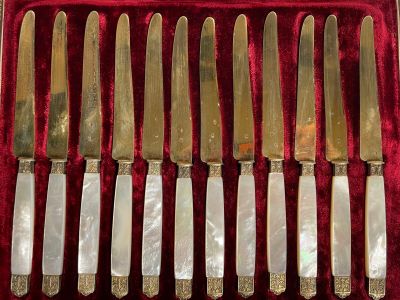 six knives in a red velvet case on a table