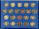 a picture of a blue box containing a collection of coins