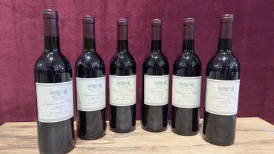 six bottles of red wine are lined up on a wooden table