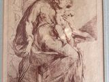 un vieux dessin représentant une femme tenant un enfant sur ses genoux