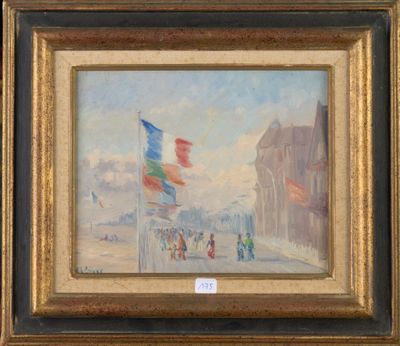 une image représentant une peinture d'une rue de la ville où des gens passent