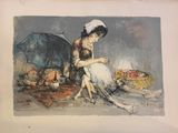 a painting of a woman sitting on the ground with an umbrella