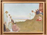 une peinture à l'huile représentant un groupe de personnes assises sur une colline