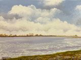 a painting of a boat on the water with clouds in the sky