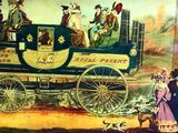 a painting of a horse drawn carriage with people on it