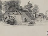 dessin au crayon représentant une roue à aubes devant un bâtiment