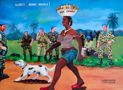 painting of a woman running with a dog in front of a group of soldiers