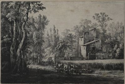 dessin représentant une scène de vie rurale avec une charrette tirée par un cheval au premier plan et une maison à l'arrière-plan