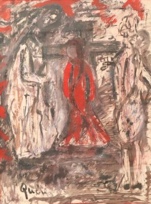 une image représentant un tableau sur lequel figurent un homme et une femme debout devant un bâtiment